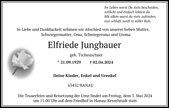 Traueranzeige von Elfriede Jungbauer von OF