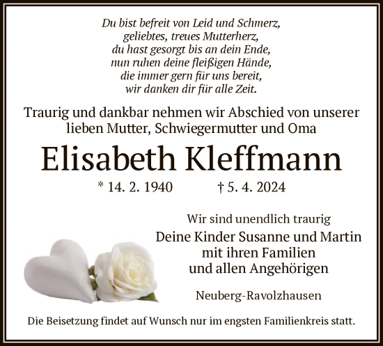 Traueranzeige von Elisabeth Kleffmann von OF