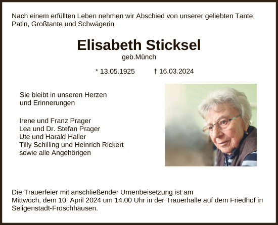 Traueranzeige von Elisabeth Sticksel von OF