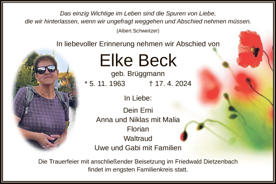 Traueranzeige von Elke Beck von OF