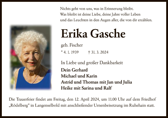 Traueranzeige von Erika Gasche von OF