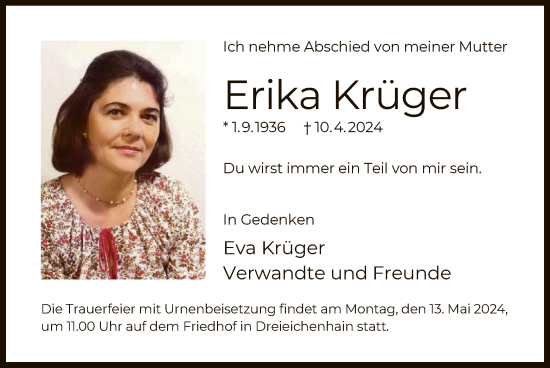 Traueranzeige von Erika Krüger von OF