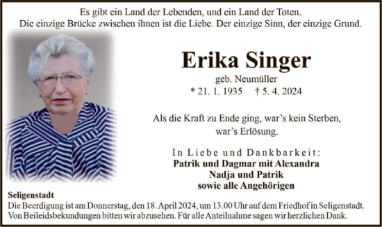 Traueranzeige von Erika Singer von OF