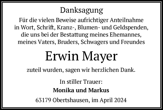 Traueranzeige von Erwin Mayer von OF