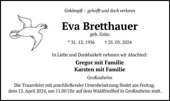 Traueranzeige von Eva Bretthauer von OF