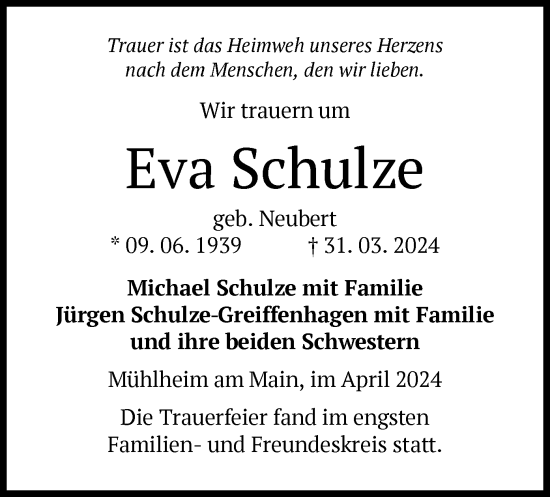 Traueranzeige von Eva Schulze von OF