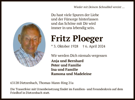 Traueranzeige von Fritz Ploeger von OF