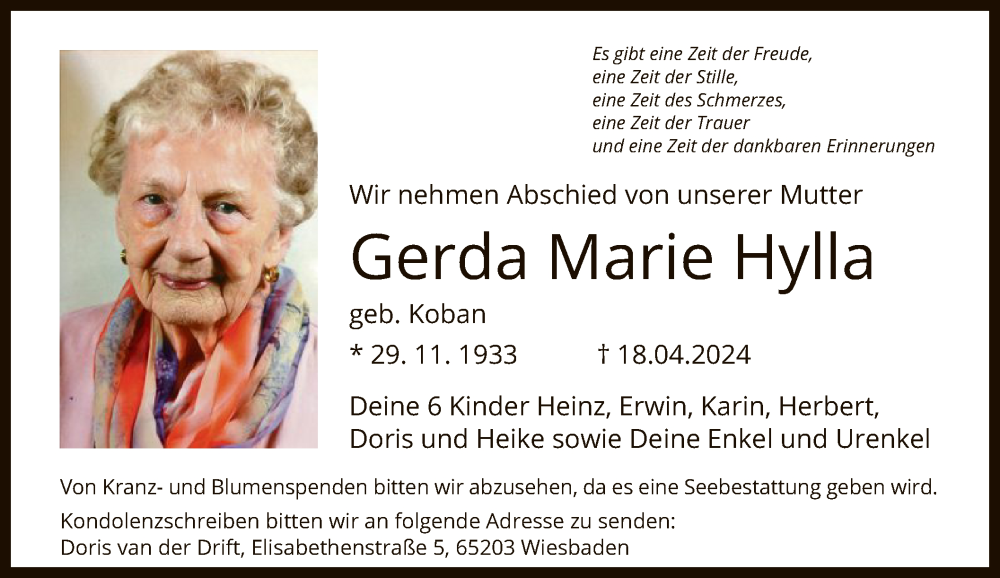 Traueranzeige für Gerda Marie Hylla vom 26.04.2024 aus OF