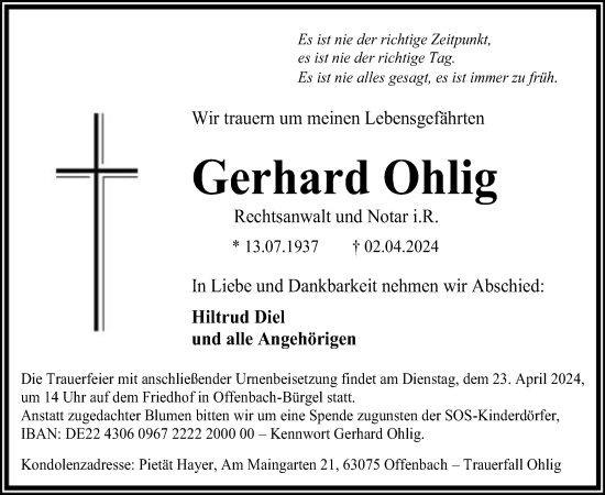 Traueranzeige von Gerhard Ohlig von OF