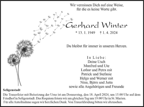 Traueranzeige von Gerhard Winter von OF