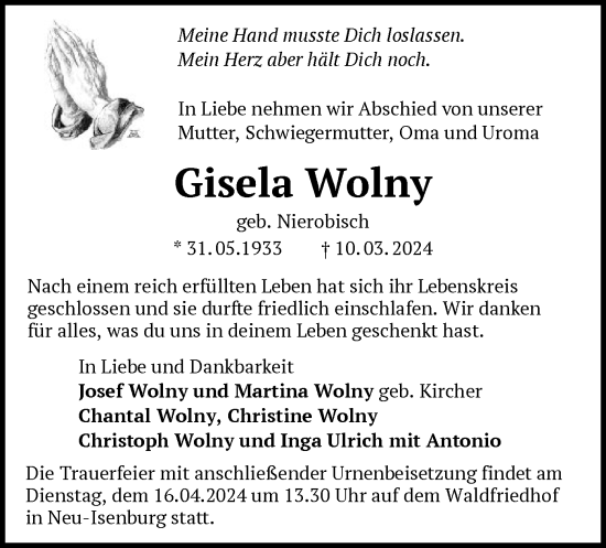 Traueranzeige von Gisela Wolny von OF