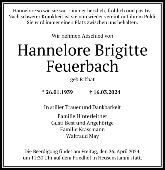 Traueranzeige von Hannelore Brigitte Feuerbach von OF