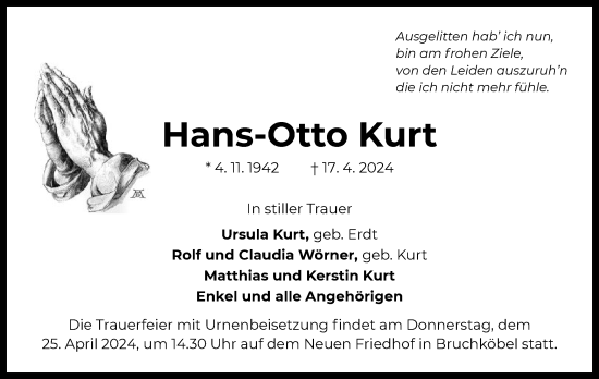 Traueranzeige von Hans-Otto Kurt von OF