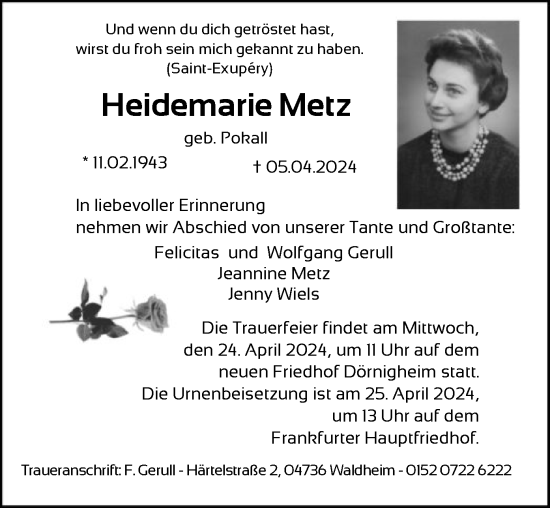 Traueranzeige von Heidemarie Metz von OF