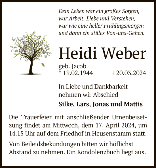 Traueranzeige von Heidi Weber von OF