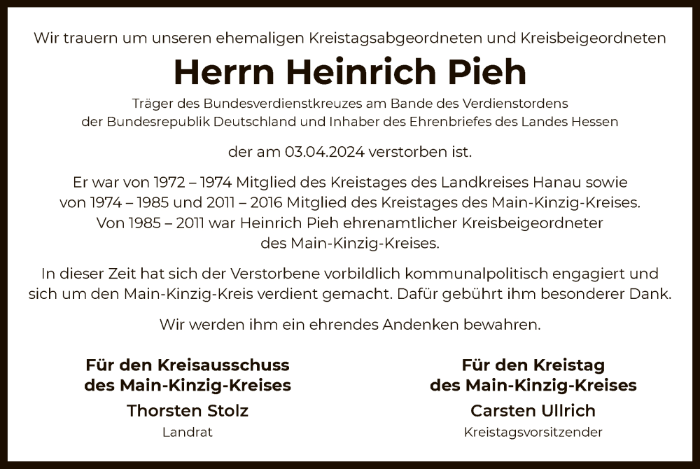  Traueranzeige für Heinrich Pieh vom 06.04.2024 aus OF