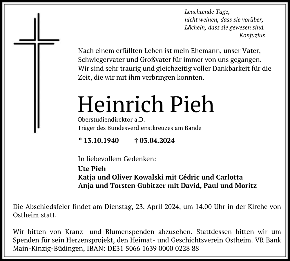  Traueranzeige für Heinrich Pieh vom 06.04.2024 aus OF