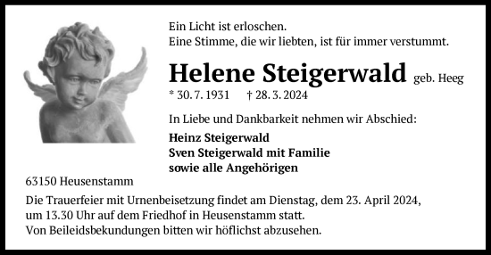 Traueranzeige von Helene Steigerwald von OF