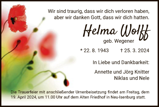 Traueranzeige von Helma Wolff von OF