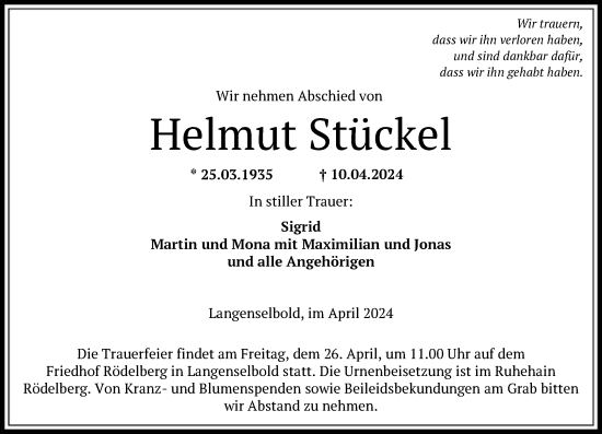 Traueranzeige von Helmut Stückel von OF