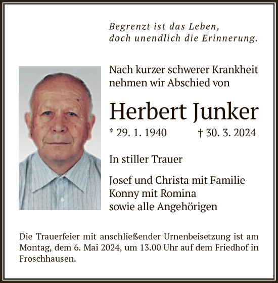 Traueranzeige von Herbert Junker von OF