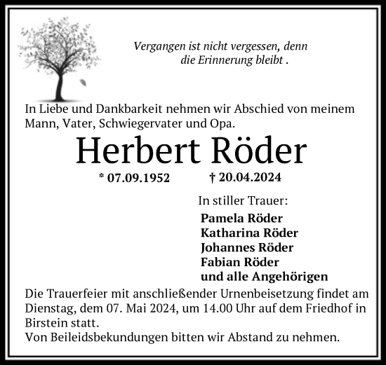 Traueranzeige von Herbert Röder von OF