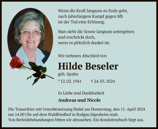 Traueranzeige von Hilde Beseler von OF