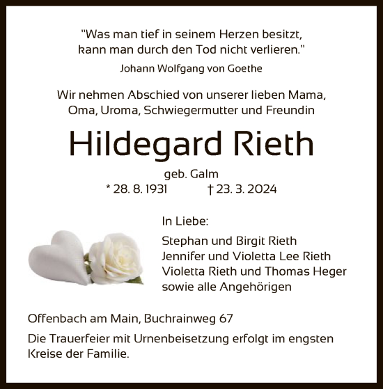 Traueranzeige von Hildegard Rieth von OF