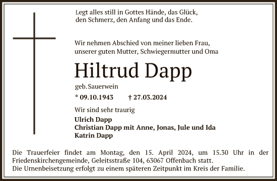 Traueranzeige von Hiltrud Dapp von OF