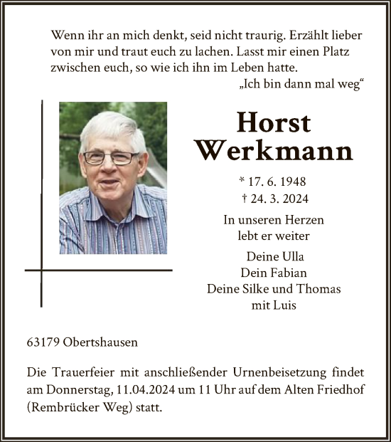 Traueranzeige von Horst Werkmann von OF