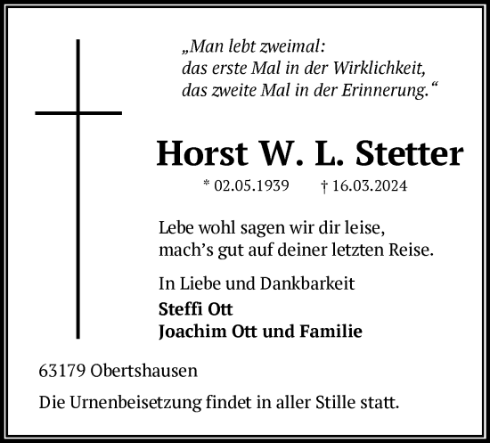 Traueranzeige von Horst W. L. Stetter von OF