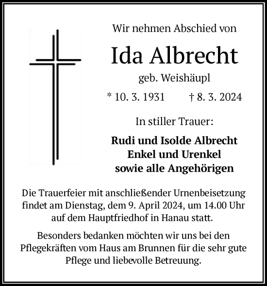 Traueranzeige von Ida Albrecht von OF