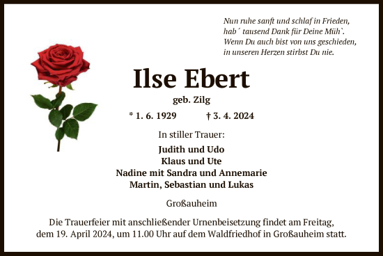 Traueranzeige von Ilse Ebert von OF