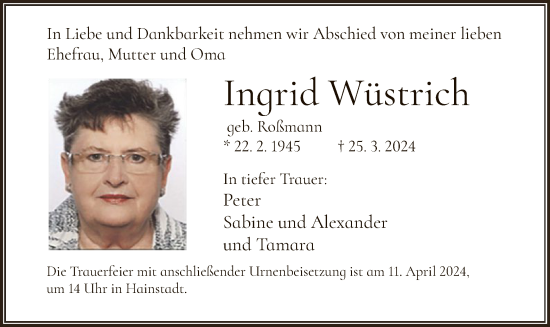 Traueranzeige von Ingrid Wüstrich von OF