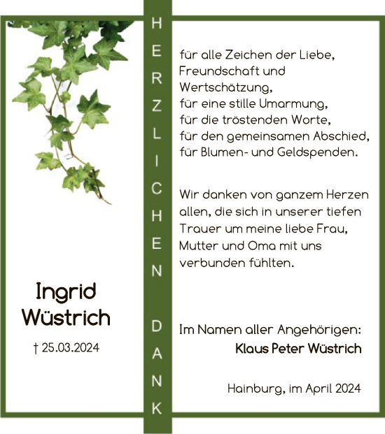 Traueranzeige von Ingrid Wüstrich von OF