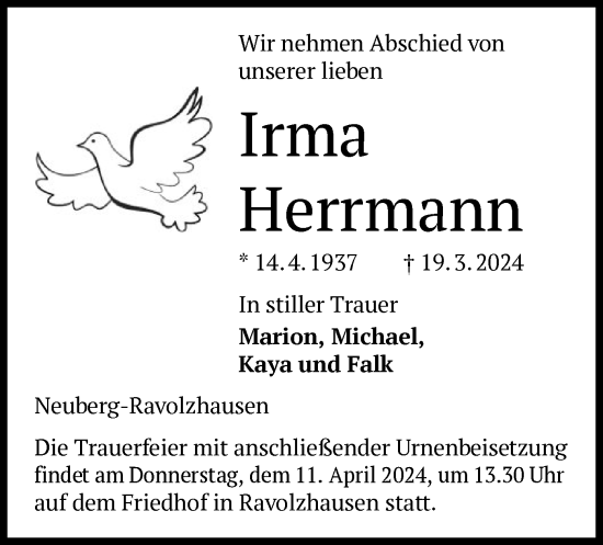 Traueranzeige von Irma Herrmann von OF