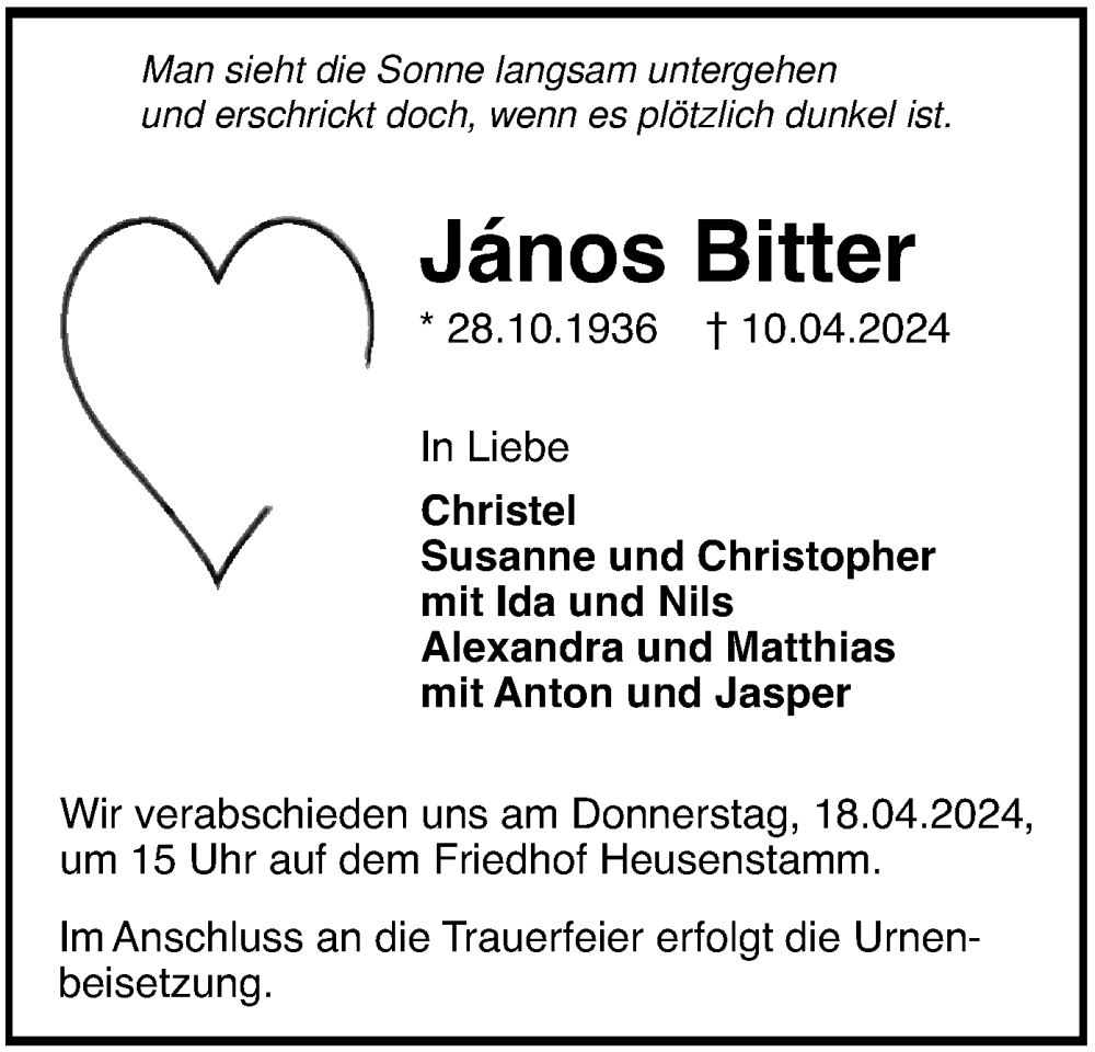  Traueranzeige für Janos Bitter vom 13.04.2024 aus OF