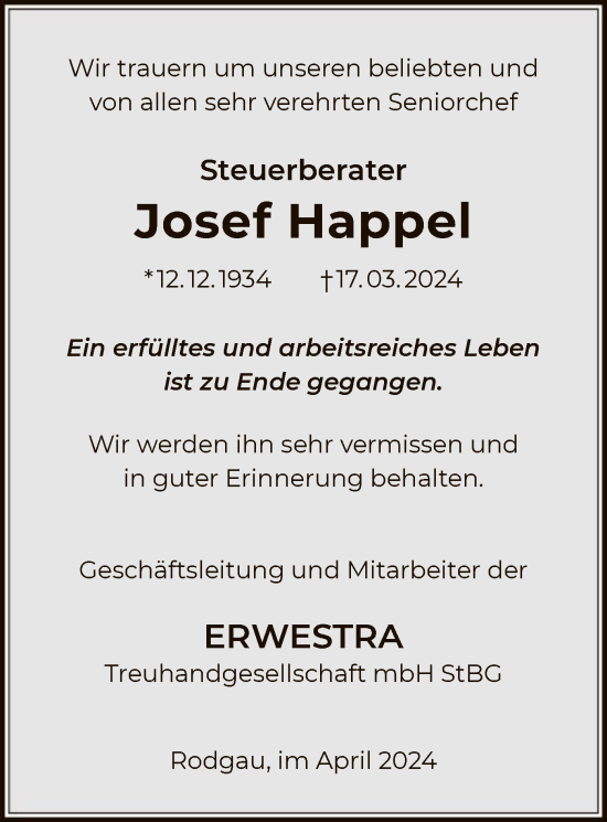 Traueranzeige von Josef Happel von OF