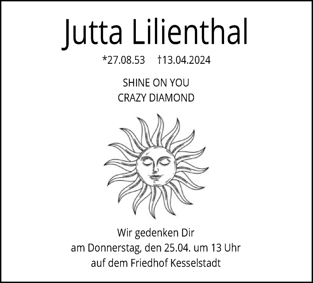  Traueranzeige für Jutta Lilienthal vom 20.04.2024 aus OF