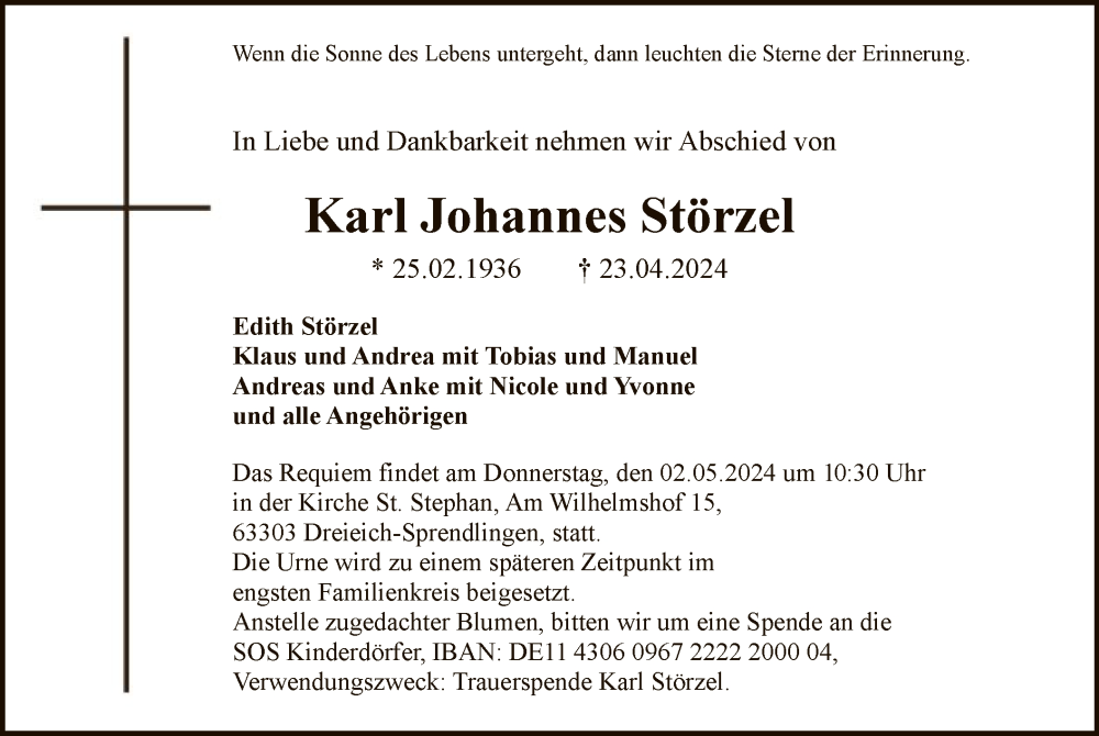  Traueranzeige für Karl Johannes Störzel vom 27.04.2024 aus OF
