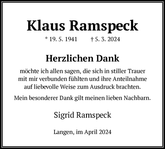 Traueranzeige von Klaus Ramspeck von OF
