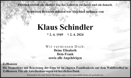 Traueranzeige von Klaus Schindler von OF