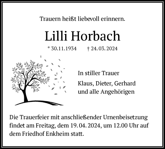 Traueranzeige von Lilli Horbach von OF