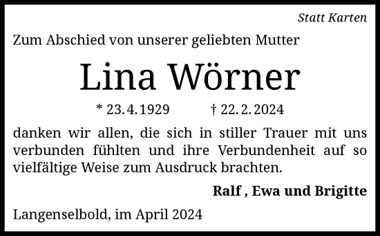 Traueranzeige von Lina Wörner von OF