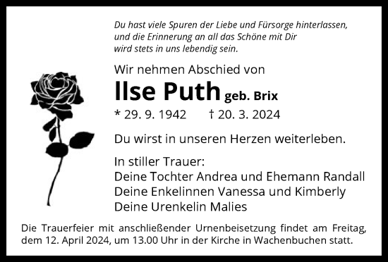 Traueranzeige von llse Puth von OF