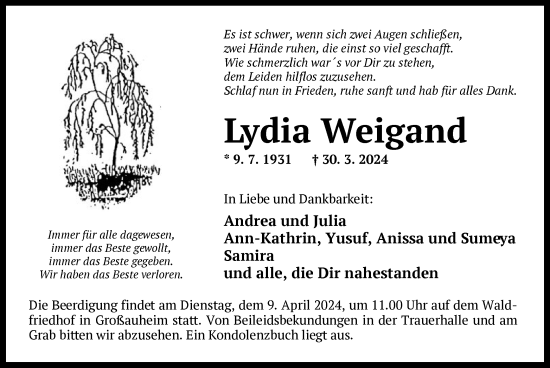 Traueranzeige von Lydia Weigand von OF