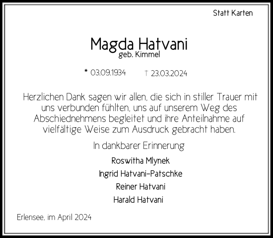 Traueranzeige von Mamgda Hatvani von OF