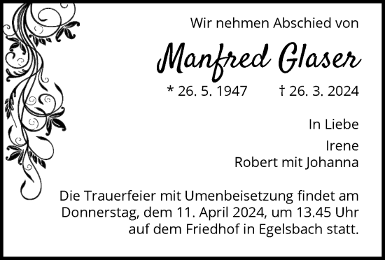 Traueranzeige von Manfred Glaser von OF