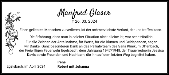 Traueranzeige von Manfred Glaser von OF