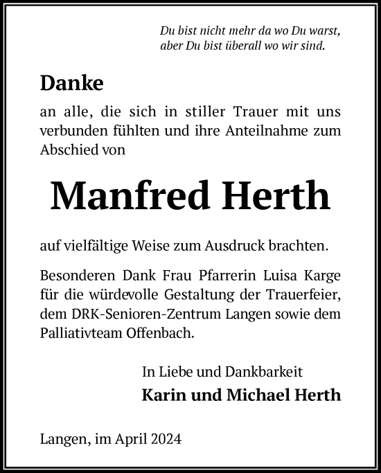 Traueranzeige von Manfred Herth von OF